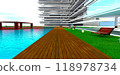 Perspective view. Wooden deck along an azure pool within the grounds of a modern residential complex. 3D rendering. 118978734