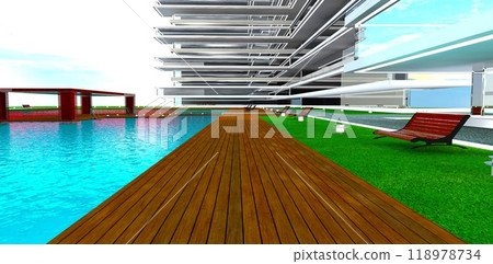 Perspective view. Wooden deck along an azure pool within the grounds of a modern residential complex. 3D rendering. 118978734