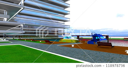 The docking area near the upscale hotel features two moored motorboats waiting for guests. 3D rendering. The docking area near the upscale hotel features two moored motorboats waiting for guests. 3D rendering. 118978736