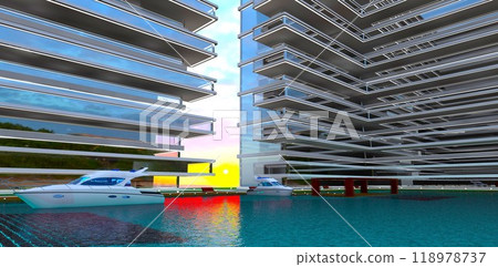 The rising sun in the passage between buildings leads to the docking area where a magnificent light motor yacht is anchored. 3D rendering. 118978737