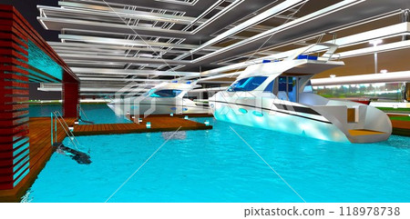 Two motorboats docked at a wooden pier at night on the grounds of an elite condominium built on the shores of a quiet bay. 3D rendering. 118978738