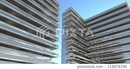 View from below of the rental apartment building facade against the night sky. Extended glass balconies. 3D rendering. 118978740