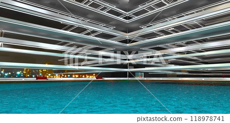 View from the azure pool at the inner corner of an elegant condominium. Reflection of nighttime lights in the glass facade. 3D rendering. 118978741