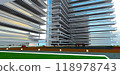 View from the courtyard of the corner exterior of an innovative condominium featuring extended long glass balconies along the facade. 3D rendering. 118978743