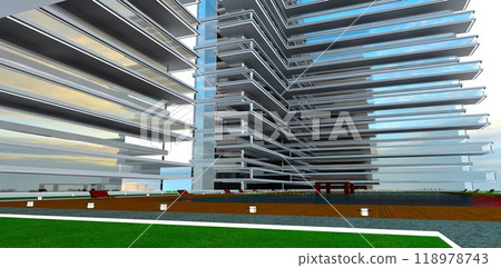 View from the courtyard of the corner exterior of an innovative condominium featuring extended long glass balconies along the facade. 3D rendering. 118978743