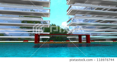 View from the pool towards a wooden gazebo in the inner courtyard of a newly completed residential building. 3D rendering. 118978744