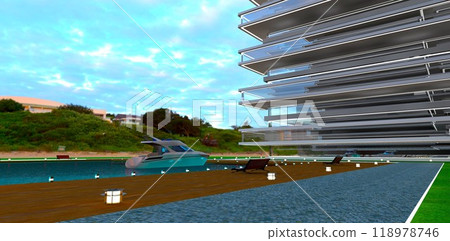 Well-maintained courtyard of a high-tech condominium built on the shores of a marine bay with yacht docking facilities. 3D rendering. 118978746