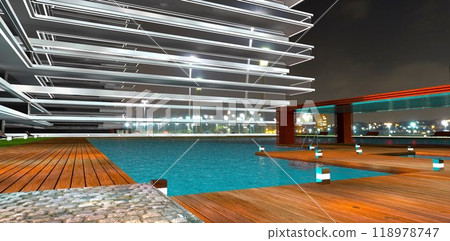 Wooden decking of the pier with lighting lamps near a luxury hotel at night. 3D rendering. 118978747