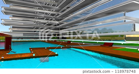 Wooden walkway across the pool to the patio at the territory of a luxurious residential complex built with modern design. 3D rendering. 118978748