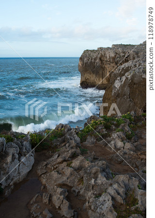 Ocean with waves at Bufones de Pria, Llanes, Asturias, Spain Ocean with waves at Bufones de Pria, Llanes, Asturias, Spain 118978749