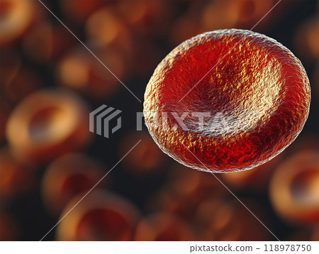 Red blood cell floating in a soft, blurred background. The vibrant, red cell stands out sharply with its smooth 118978750