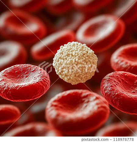 A white blood cell with a granular surface surrounded by many smooth red blood cells. 118978778