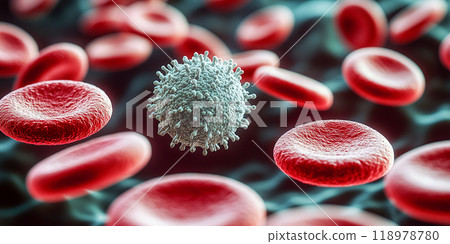 A white blood cell with a granular surface surrounded by many smooth red blood cells. 118978780