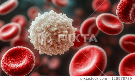 A white blood cell with a granular surface surrounded by many smooth red blood cells. 118978789