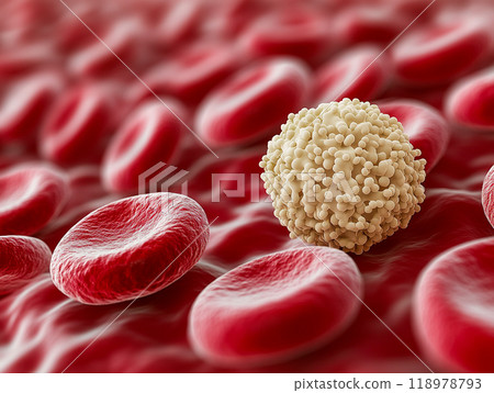 A white blood cell with a granular surface surrounded by many smooth red blood cells. 118978793