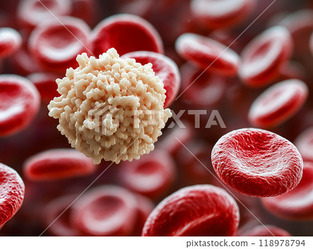 A white blood cell with a granular surface surrounded by many smooth red blood cells. 118978794