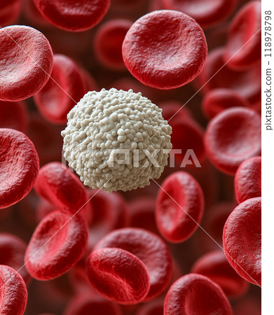 A white blood cell with a granular surface surrounded by many smooth red blood cells. 118978798