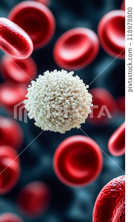 A white blood cell with a granular surface surrounded by many smooth red blood cells. 118978800