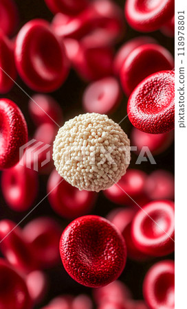 A white blood cell with a granular surface surrounded by many smooth red blood cells. 118978801