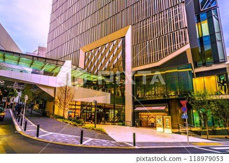 Tokyo cityscape in Japan: A city with a pedestrian bridge. View of Shibuya 2-chome, Shibuya Aqsyu, etc. = October 4th 118979053