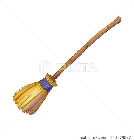 Watercolor illustration of a witch's broomstick with wooden handle and straw bristles, accented with a purple ribbon. Halloween broomstick. Ideal for Halloween-themed designs, spooky decor. Watercolor illustration of a witch's broomstick with wooden handle and straw bristles, accented with a purple ribbon. Halloween broomstick. Ideal for Halloween-themed designs, spooky decor. 118979057