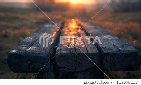 Close-up of a bench illuminated by the setting sun / AI generated 118979112