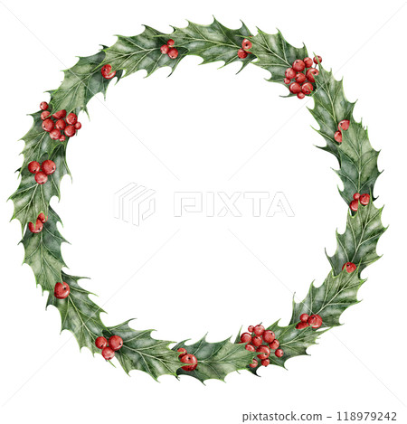 Watercolor Wreath with Holly berries and leaves. Illustration of traditional Christmas round Frame on isolated background for greeting cards or New Year invitations. Botanical template for postcards. Watercolor Wreath with Holly berries and leaves. Illustration of traditional Christmas round Frame on isolated background for greeting cards or New Year invitations. Botanical template for postcards. 118979242