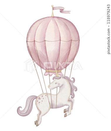 Unicorn flying on hot air balloon. Watercolor illustration of pink horse with horn for Baby shower greeting cards and girls nursery wall art. Drawing of dreamy mythical pony for childish invitations. Unicorn flying on hot air balloon. Watercolor illustration of pink horse with horn for Baby shower greeting cards and girls nursery wall art. Drawing of dreamy mythical pony for childish invitations. 118979243