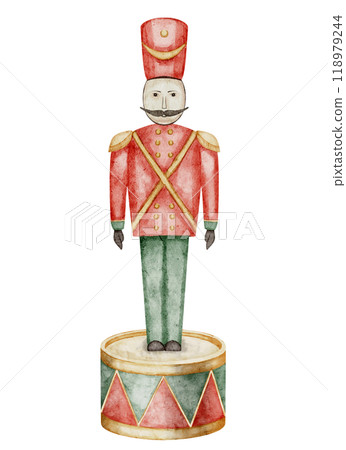 Soldier Toy on a drum watercolor illustration. Drawing of retro wooden Nutcrackers for Christmas greeting cards or New Year invitations. Childish element for Xmas Baby design. Art for postcards. Soldier Toy on a drum watercolor illustration. Drawing of retro wooden Nutcrackers for Christmas greeting cards or New Year invitations. Childish element for Xmas Baby design. Art for postcards. 118979244