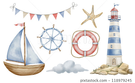 Watercolor clipart set with Lighthouse and ship for Baby party greeting card or nursery wall art. Drawing of beacon and sailboat in pastel blue and beige colors on isolated background. Childish design Watercolor clipart set with Lighthouse and ship for Baby party greeting card or nursery wall art. Drawing of beacon and sailboat in pastel blue and beige colors on isolated background. Childish design 118979245