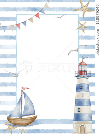 Watercolor Template with Lighthouse and ship for Baby greeting cards or childish invitations. Drawing of Frame with sailboat and beacon in pastel blue and beige colors. Nautical illustration. Watercolor Template with Lighthouse and ship for Baby greeting cards or childish invitations. Drawing of Frame with sailboat and beacon in pastel blue and beige colors. Nautical illustration. 118979246