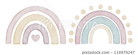 Rainbows watercolor illustration in pastel pink and yellow colors for Baby shower invitation or childish birthday cards. Drawing for kids wall art or girls posters. Element on isolated background. Rainbows watercolor illustration in pastel pink and yellow colors for Baby shower invitation or childish birthday cards. Drawing for kids wall art or girls posters. Element on isolated background. 118979247