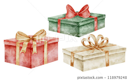 Gift Boxes watercolor illustrations set. Drawing of Presents with ribbons and bows for Christmas or New Year design. Art of surprise package for Birthday greeting cards or invitations. Red and green. Gift Boxes watercolor illustrations set. Drawing of Presents with ribbons and bows for Christmas or New Year design. Art of surprise package for Birthday greeting cards or invitations. Red and green. 118979248