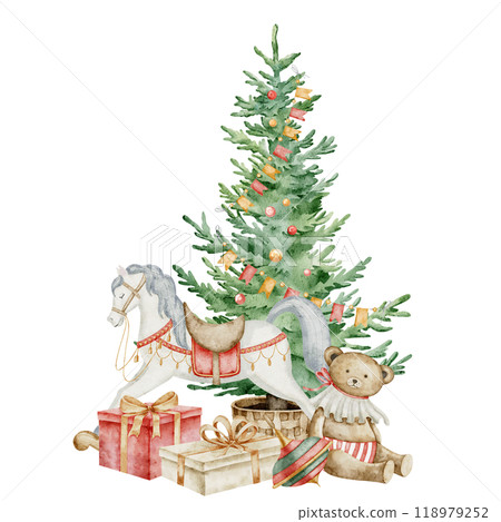 Christmas tree with baby Toys and gift boxes watercolor illustration. Illustration of fir evergreen tree with rocking Horse, teddy bear and presents for childish greeting cards or kids invitations. Christmas tree with baby Toys and gift boxes watercolor illustration. Illustration of fir evergreen tree with rocking Horse, teddy bear and presents for childish greeting cards or kids invitations. 118979252