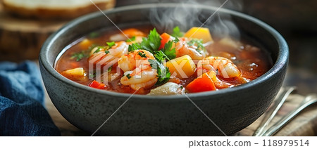 Seafood stew with shrimp and vegetables in a hearty broth 118979514