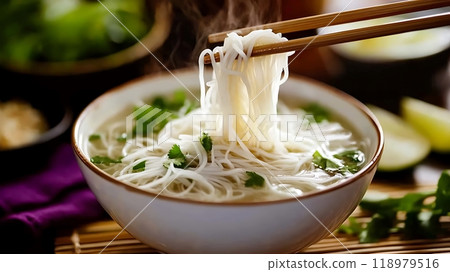 Light pho soup with delicate rice noodles and herbs Light pho soup with delicate rice noodles and herbs 118979516