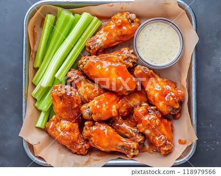Spicy buffalo wings served with celery and ranch dip Spicy buffalo wings served with celery and ranch dip 118979566