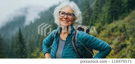 Senior woman hiking in a green forest with a backpack 118979571