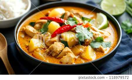 Spicy Thai curry with chicken, potatoes, and red chili 118979572