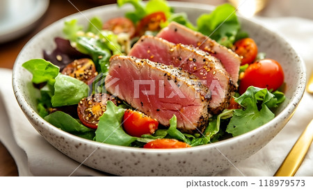 Fresh tuna salad with cherry tomatoes and greens Fresh tuna salad with cherry tomatoes and greens 118979573