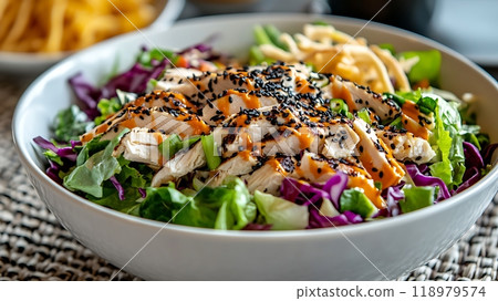 Grilled chicken salad with sesame seeds and dressing Grilled chicken salad with sesame seeds and dressing 118979574