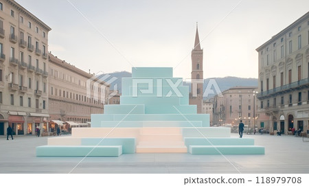 There is a podium in the middle of a square in the city. Advertisement, layout 118979708