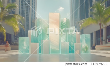 There is a podium in the middle of a square in the city. Advertisement, layout 118979709