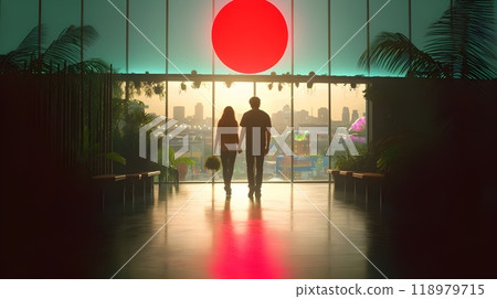 A couple walks through the city. Urbanism and nature nearby 118979715