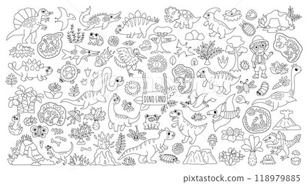 Vector black and white dinosaur set. Cute prehistoric animal line icons collection. Dino illustrations with Pterodactyl, Stegosaurus, Tyrannosaurus, Triceratops, T-Rex, paleontologist. Dino coloring 118979885