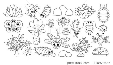Vector black and white ancient insects set. Prehistoric animal line icons collection. Dinosaur period illustrations with meganeura, bee, centipede. Giant bugs and beetles coloring page 118979886