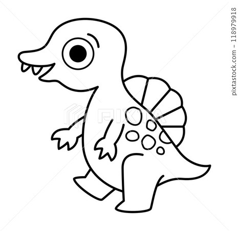 Vector black and white baby spinosaurus icon. Cute little dinosaur line illustration for kids. Funny dino kid clipart isolated on white background. Cartoon prehistoric animal child coloring page Vector black and white baby spinosaurus icon. Cute little dinosaur line illustration for kids. Funny dino kid clipart isolated on white background. Cartoon prehistoric animal child coloring page 118979918