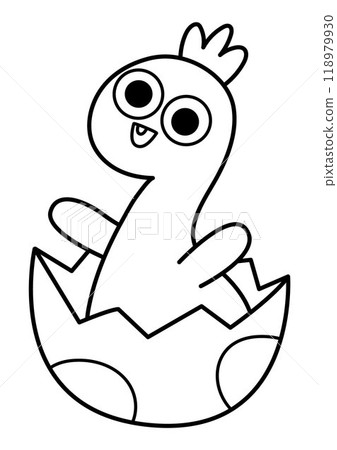 Vector black and white baby brachiosaurus icon hatching from egg. Little newborn dinosaur line illustration for kids. Dino kid clipart for children. Prehistoric animal coloring page 118979930