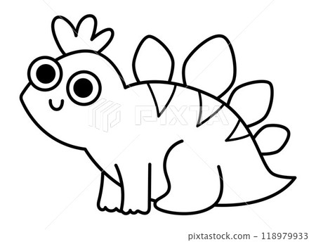 Vector black and white baby stegosaurus icon. Cute little dinosaur line illustration for kids. Funny dino kid clipart for children isolated on white background. Cartoon prehistoric animal coloring Vector black and white baby stegosaurus icon. Cute little dinosaur line illustration for kids. Funny dino kid clipart for children isolated on white background. Cartoon prehistoric animal coloring 118979933