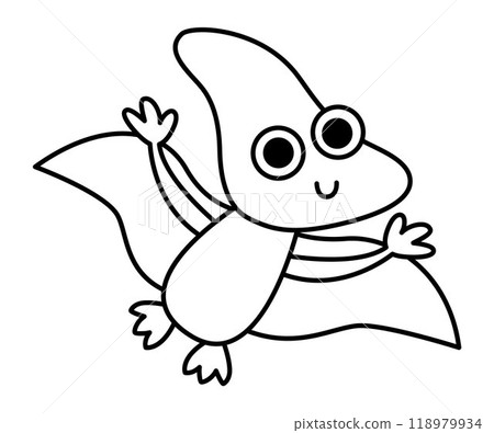 Vector black and white baby pterodactyl icon. Cute little dinosaur with wings illustration for kids. Funny line dino kid clipart for children isolated on white. Cartoon prehistoric animal coloring Vector black and white baby pterodactyl icon. Cute little dinosaur with wings illustration for kids. Funny line dino kid clipart for children isolated on white. Cartoon prehistoric animal coloring 118979934
